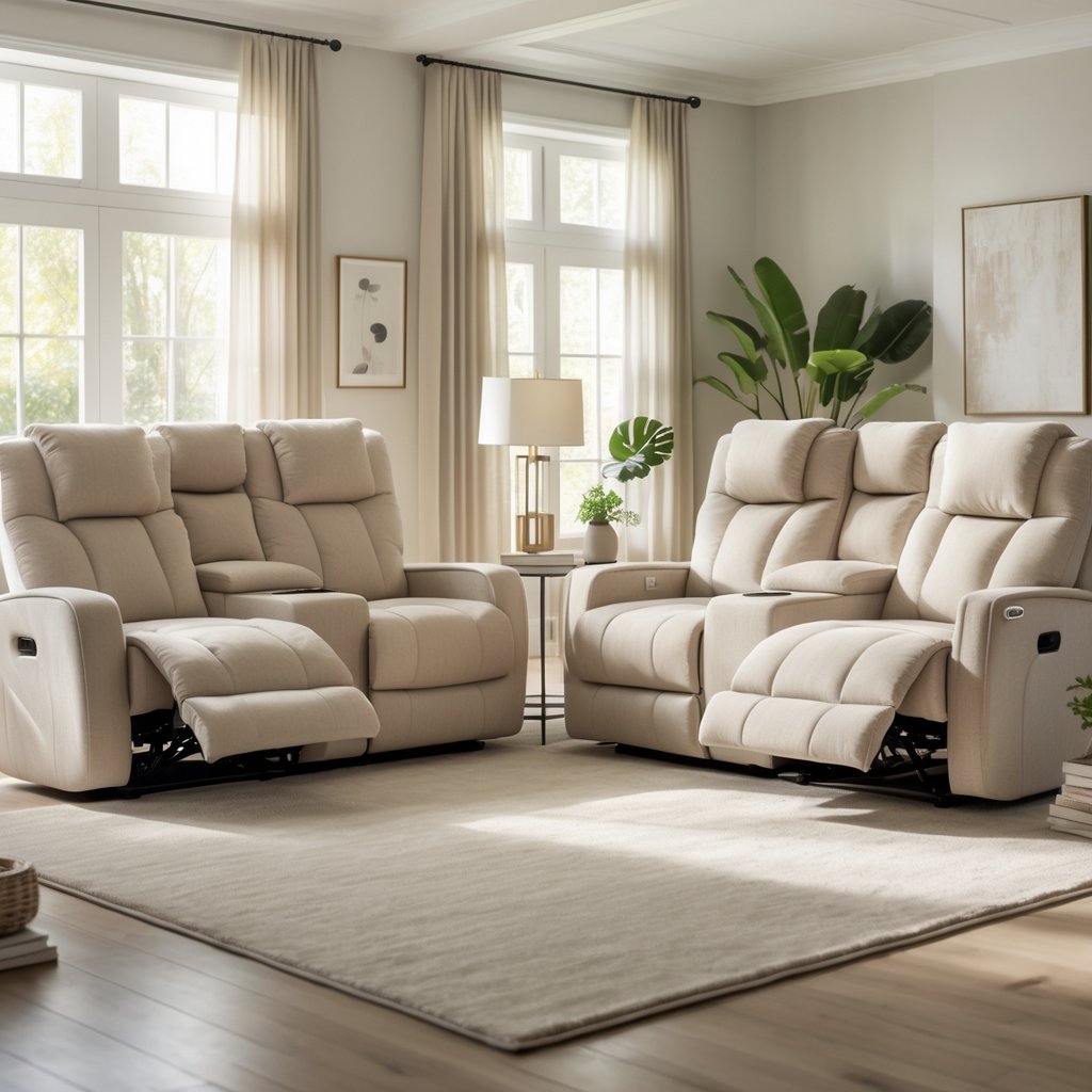 v2 11equz m91tq A living room with reclining sofas arranged around a coffee table, bathed in natural light.