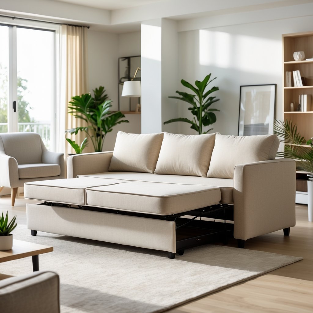 v2 11eqve ipr1m A bright living room with a sleeper sofa partially extended, a coffee table, plants, and a bookshelf in the background.