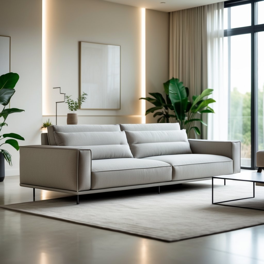 v2 11eqvs 21dck A modern living room with a low sofa, coffee table, floor lamp, and plants near large windows.