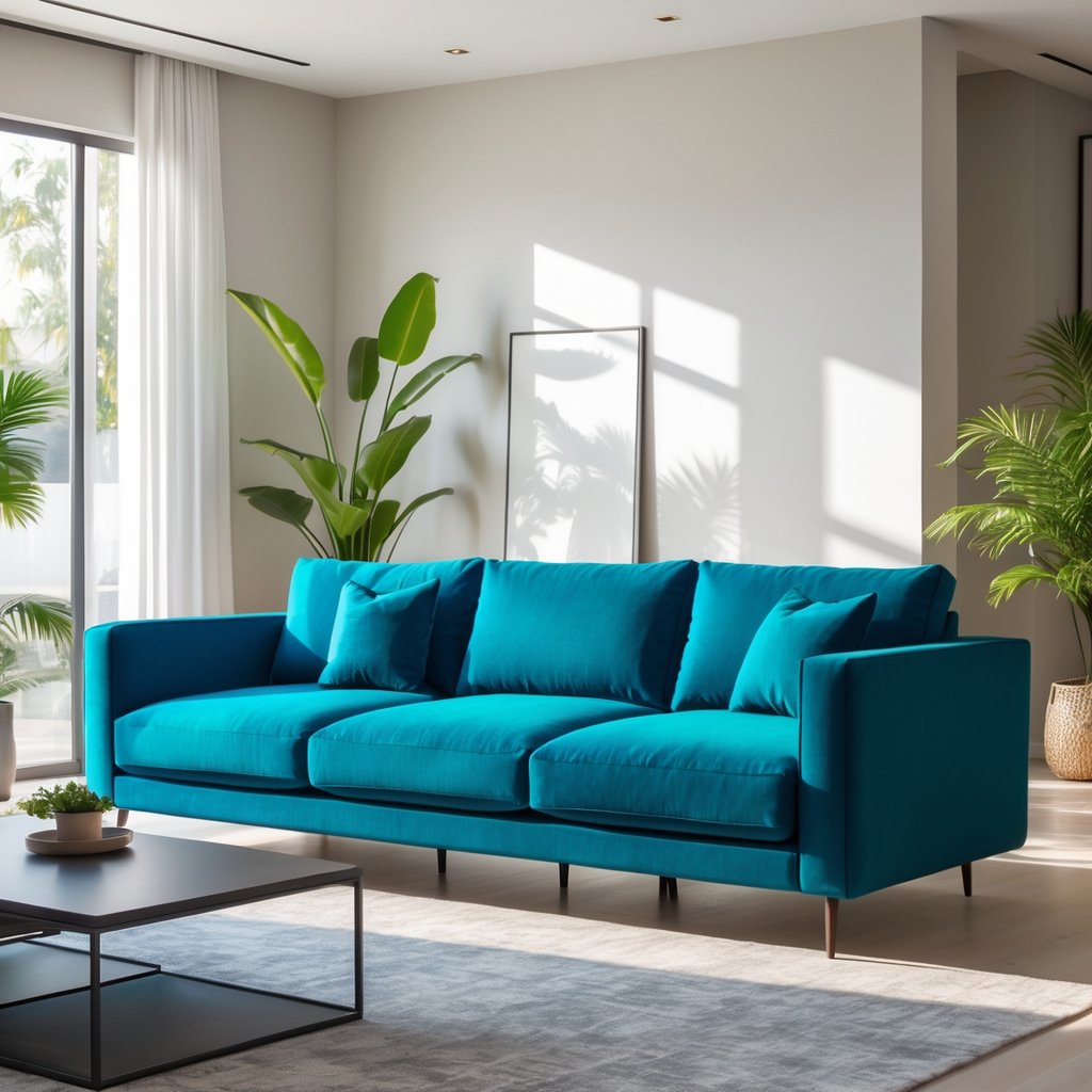 v2 11eqw6 qd2v5 Living room with a bold colored sofa in the center surrounded by a coffee table, rug, and plants.