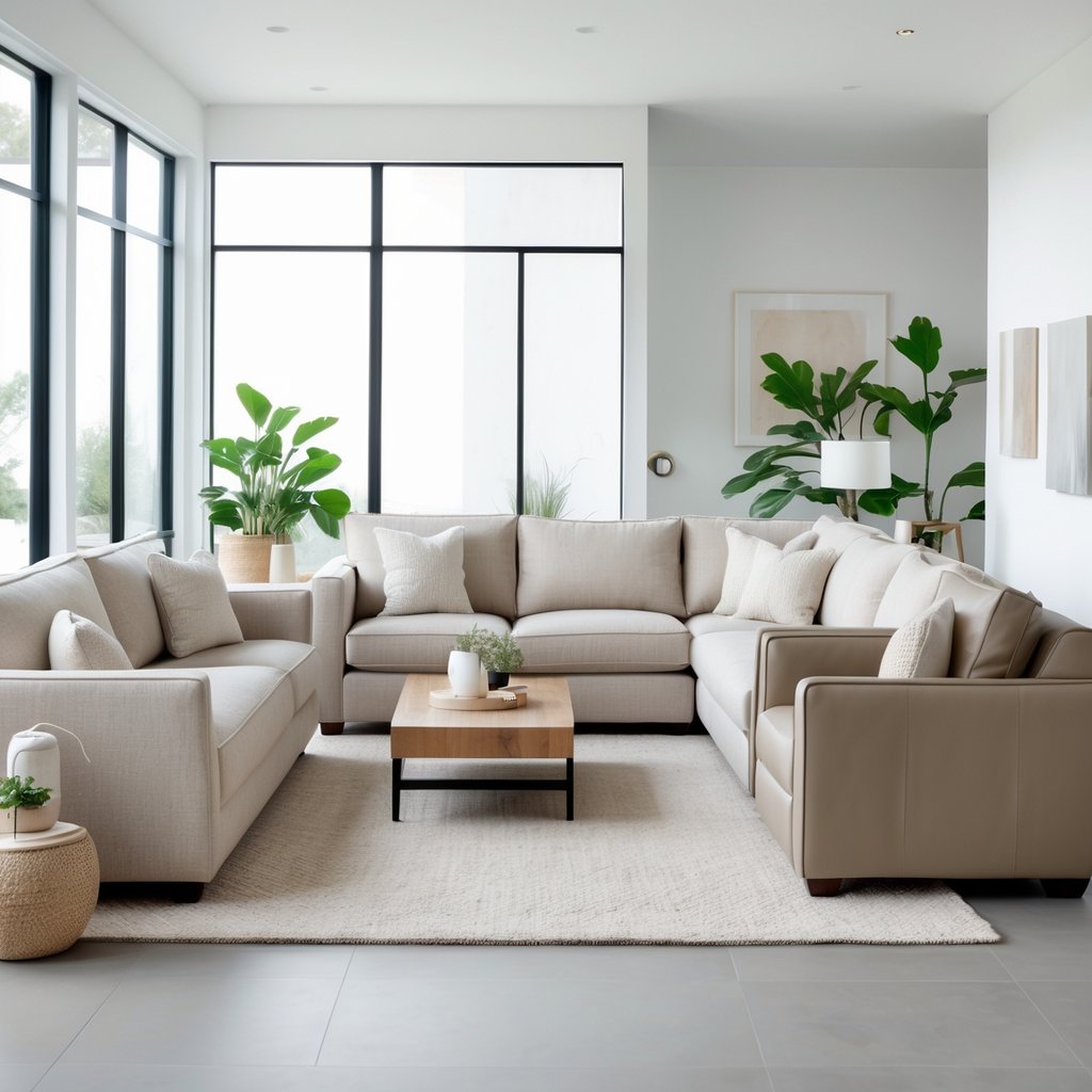 v2 11eqwk A living room with several neutral-colored sofas arranged around a wooden coffee table, with natural light coming through large windows.