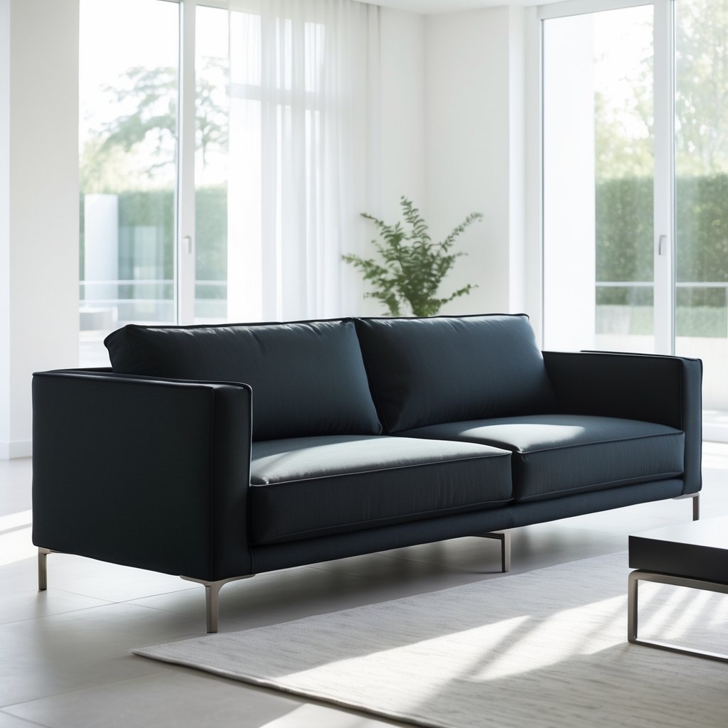 v2 11eqww 5333g Living room with a dark tuxedo sofa, coffee table, area rug, and plants near large windows.