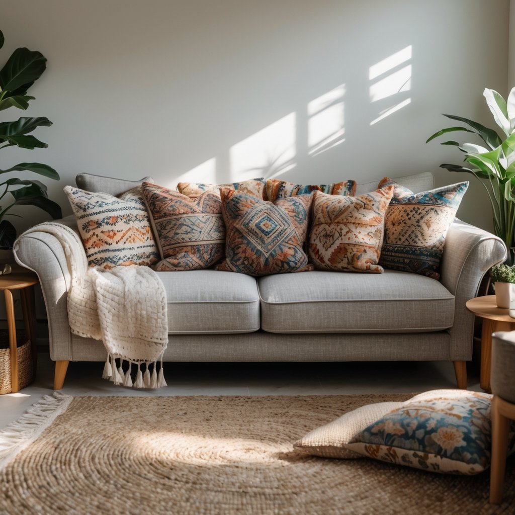v2 11eqxa 4ldlk A living room with a fabric sofa covered in patterned cushions, surrounded by a coffee table, rug, and plants.