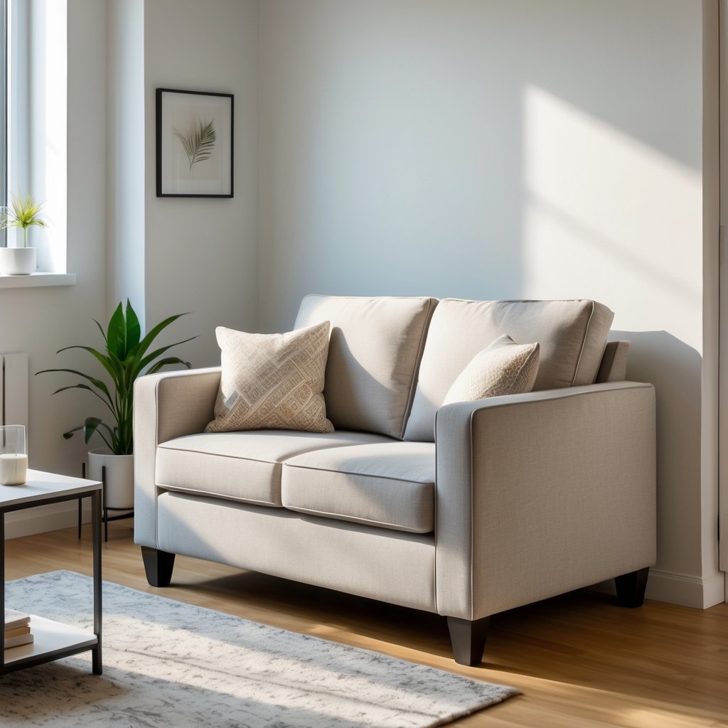 v2 11eqxo hqesp A small living room with a compact loveseat, a coffee table, and a potted plant near a window.