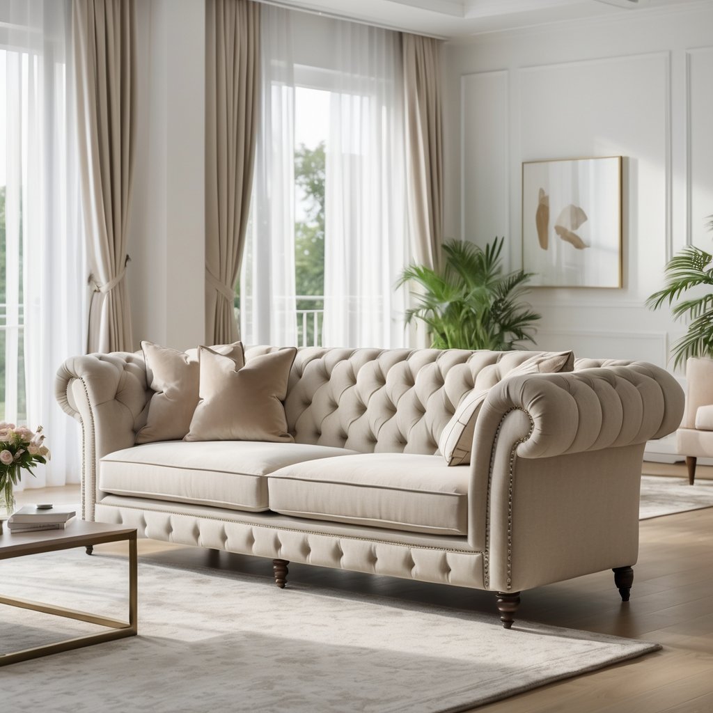 v2 11eqy0 v3zfd A bright living room with a tufted back sofa, coffee table, floor lamp, and large windows letting in natural light.