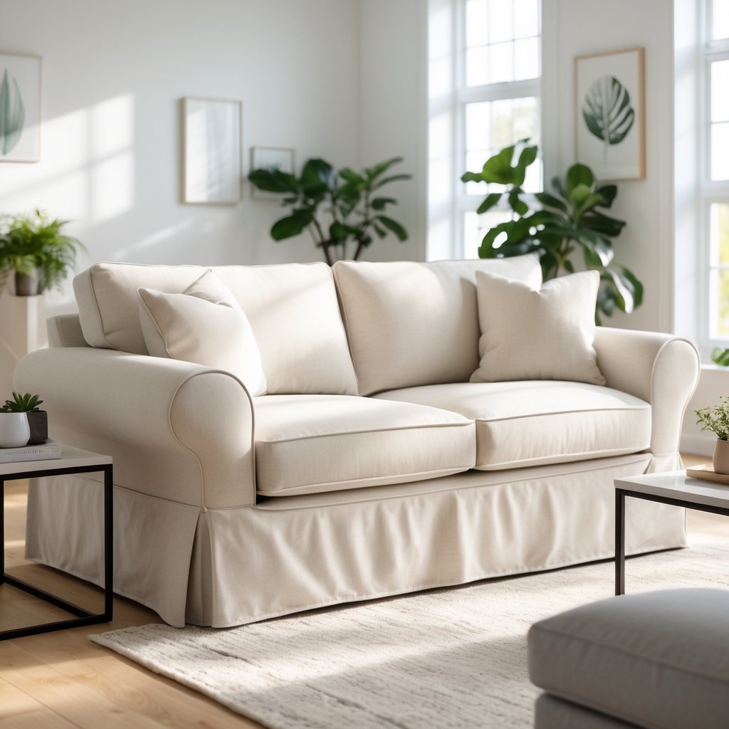 v2 11eqyd d5765 A living room with a slipcovered sofa, coffee table, area rug, and plants.