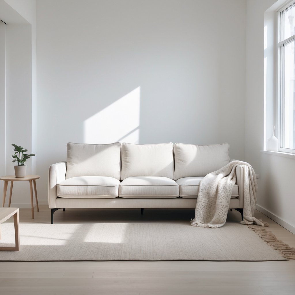 v2 11eqyp A bright living room with a light-colored sofa, wooden floor, coffee table, and a small plant.