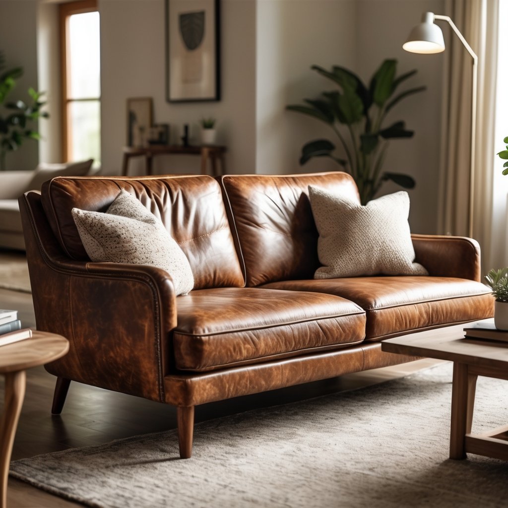 v2 11eqz2 nzzg6 A brown leather sofa in a living room with pillows, a coffee table, and a floor lamp.