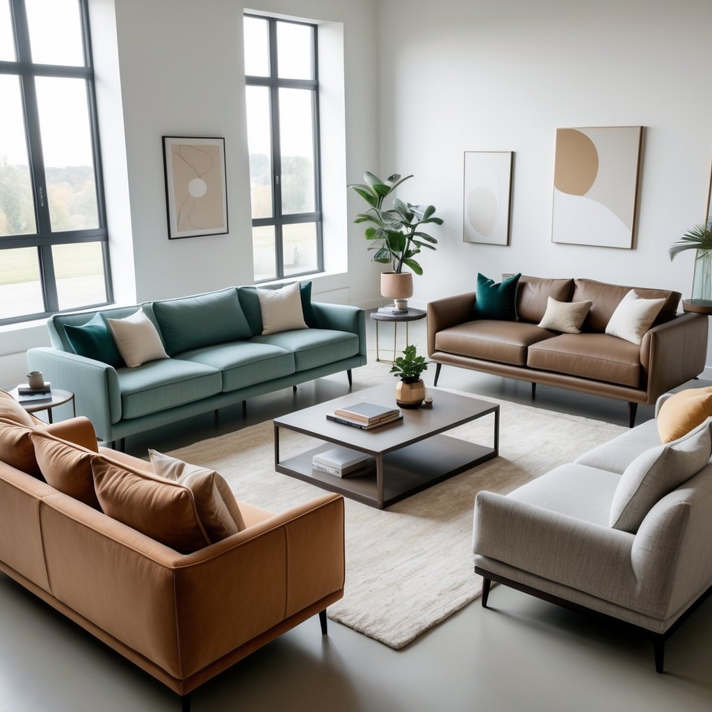 v2 11eqzd 1by4y A bright living room with several different sofas arranged around a coffee table and decorated with pillows and plants.