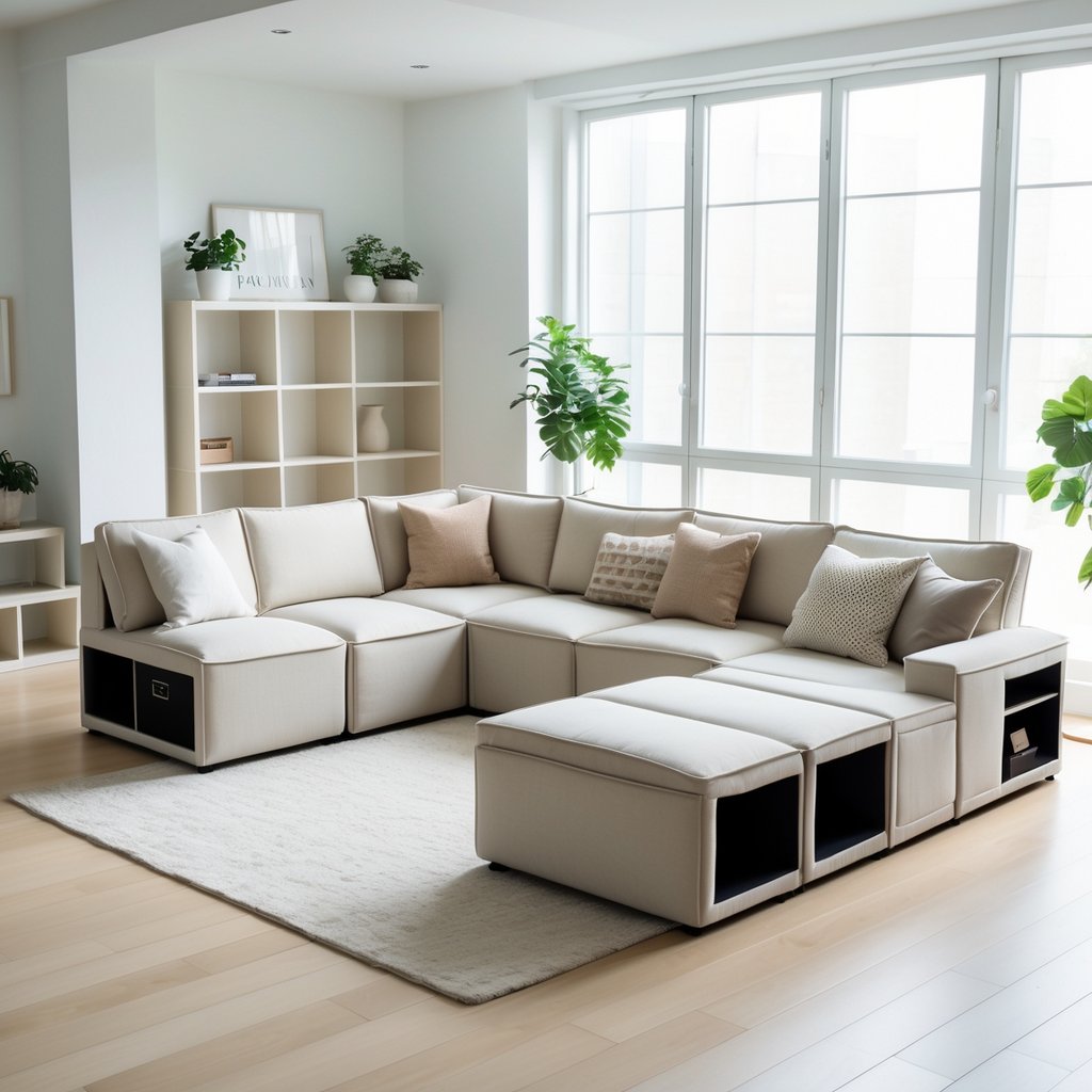 v2 11eqzt A modern living room with a modular sofa arranged to save space, featuring built-in storage and natural light from large windows.
