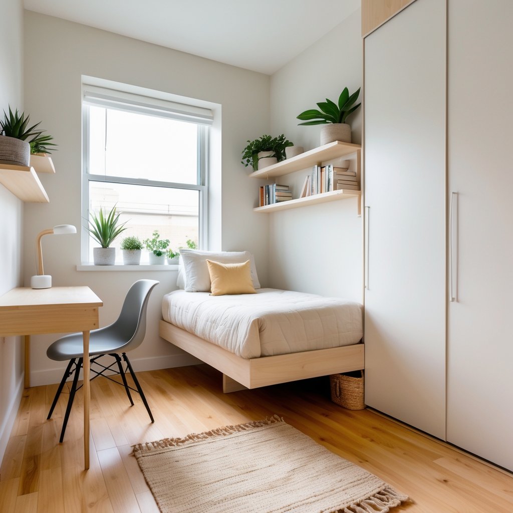 A small, tidy bedroom with a single bed, desk, shelves with plants, and a wardrobe, illuminated by natural light.