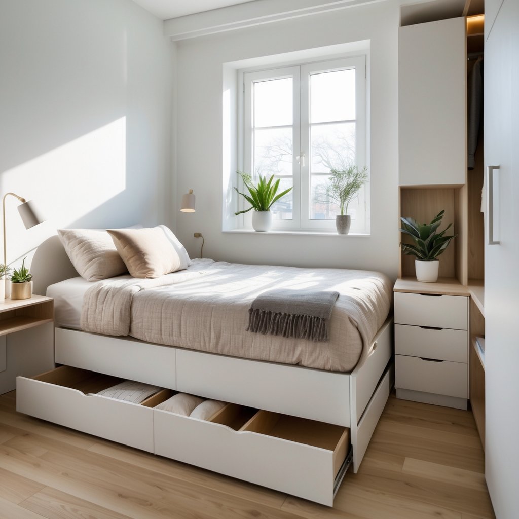 A small bedroom with a bed that has built-in storage drawers underneath, a bedside table with a lamp, and natural light coming through a window.