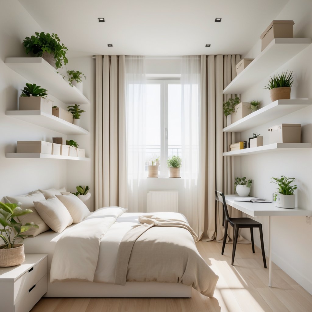 A small bedroom with floating shelves on the walls, a bed, a desk, and decorative items, showing an organized and space-saving layout.