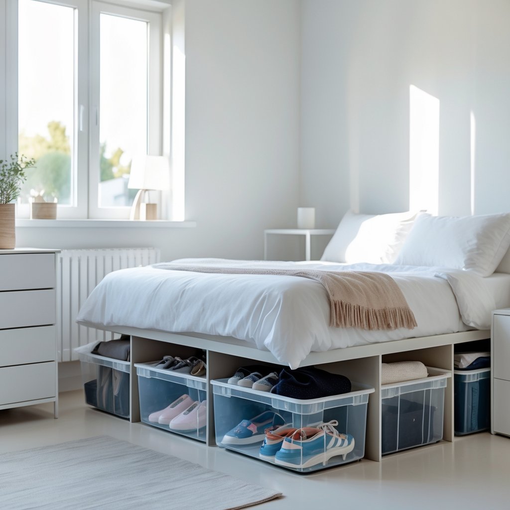 A small bedroom with a bed that has clear storage bins and drawers neatly organized underneath.