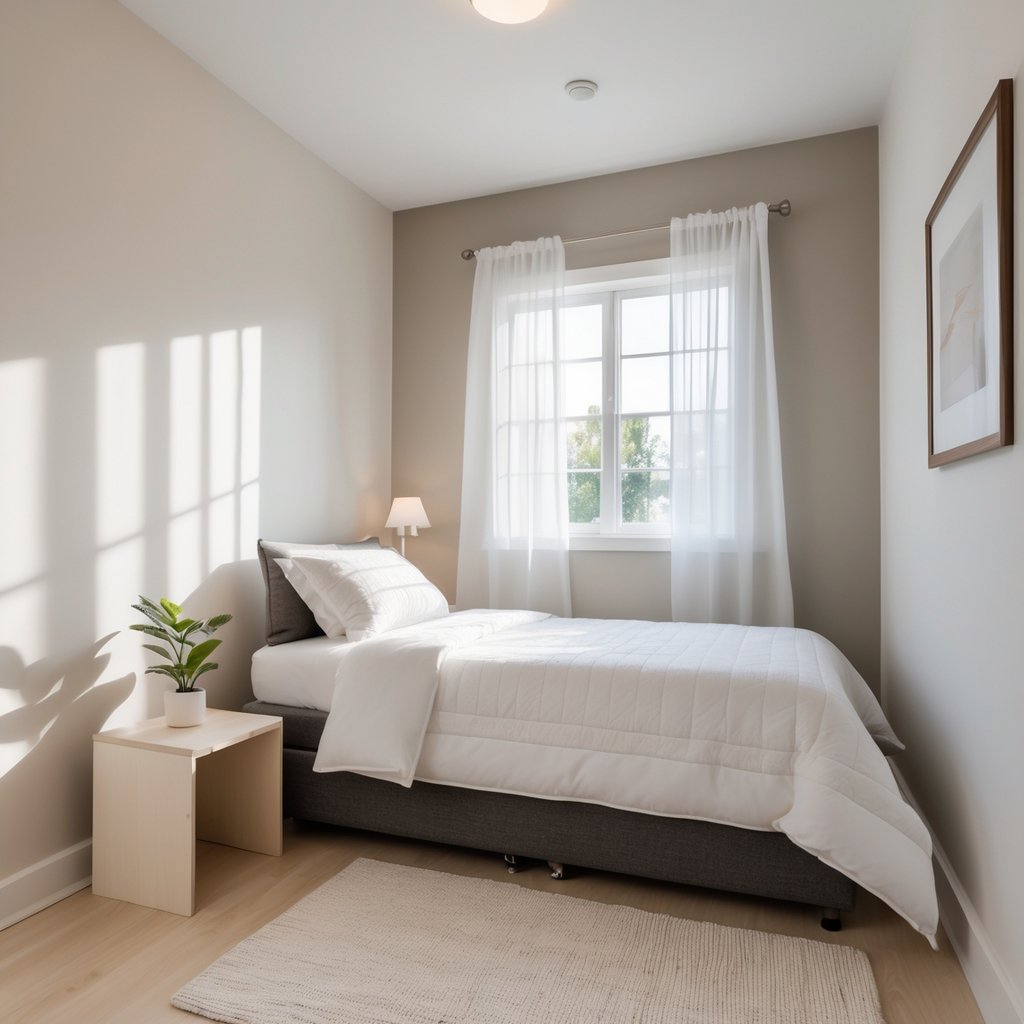 A small bedroom with light neutral-colored walls, a bed, a nightstand, and natural light coming through a window.