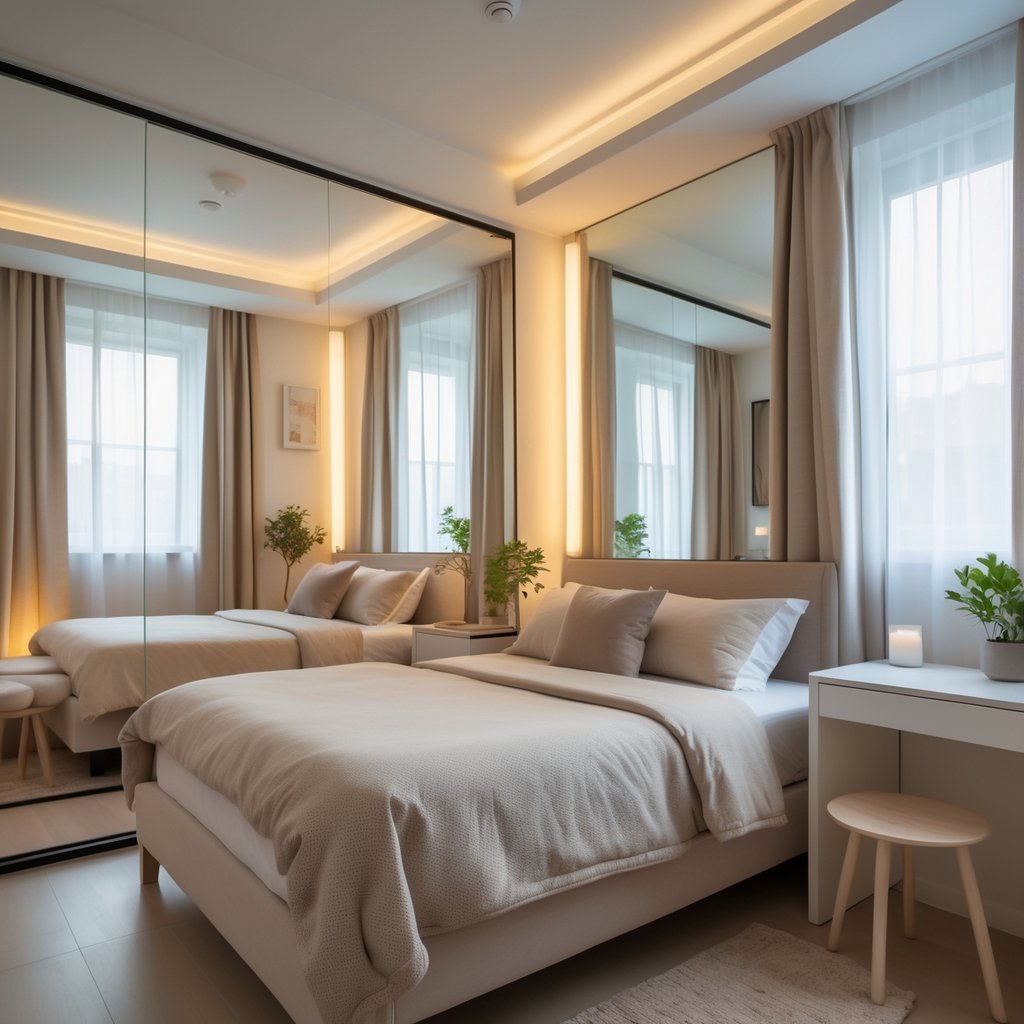 A small bedroom with a bed and large mirrors reflecting natural light to make the space appear bigger.