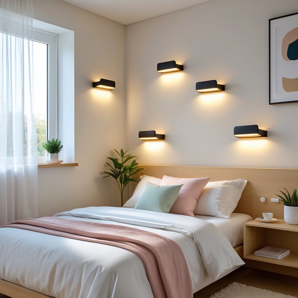 A small bedroom with wall-mounted lights above the bed, a neatly made bed, and simple decor including a plant and artwork.