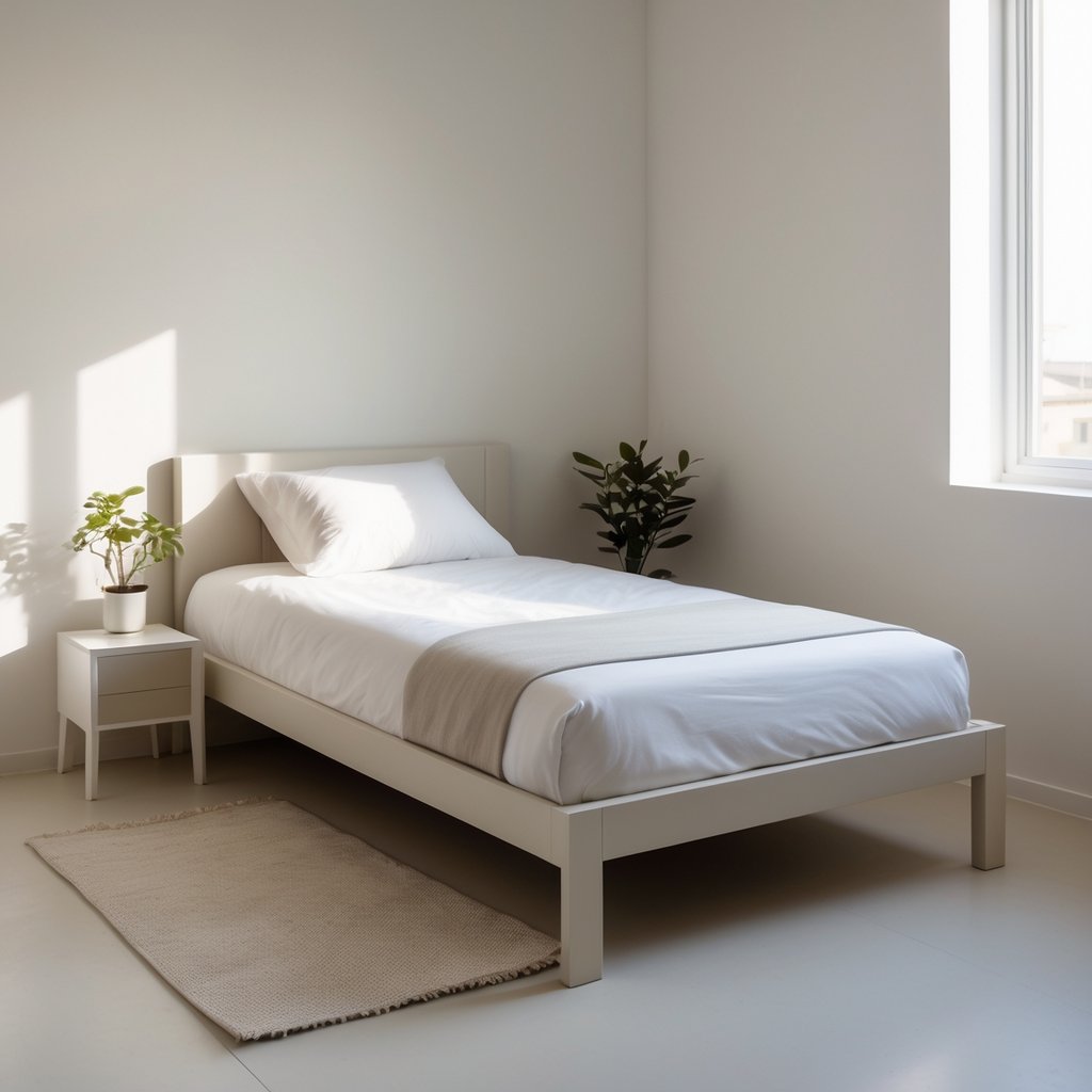 A small bedroom with a low-profile bed frame, a nightstand, and a potted plant near a window.