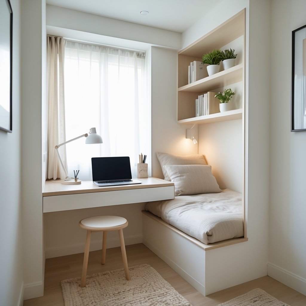 Small bedroom with a cozy workspace nook featuring a desk, laptop, shelves, and a bed nearby.