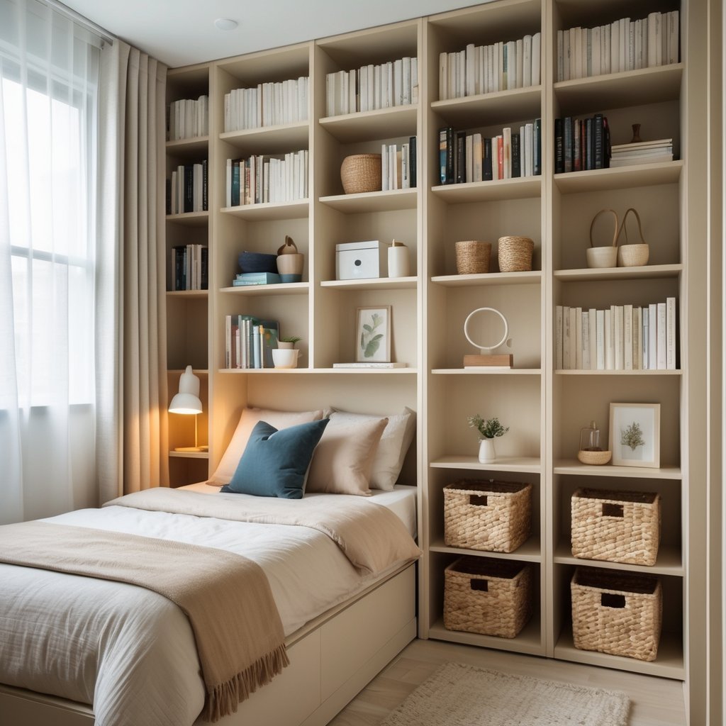 A small bedroom with tall bookcases used for vertical storage, a bed, and natural light coming through a window.