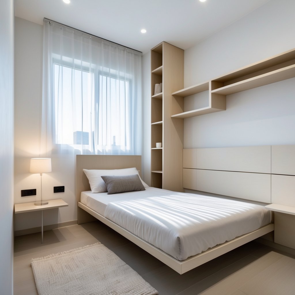 A small bedroom with slim, streamlined furniture including a narrow bed, compact bedside table, and wall-mounted shelves, illuminated by natural light.