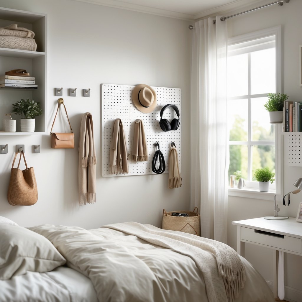 A small bedroom with a bed, pegboard and hooks holding accessories like hats and bags, shelves with books, and natural light coming through a window.