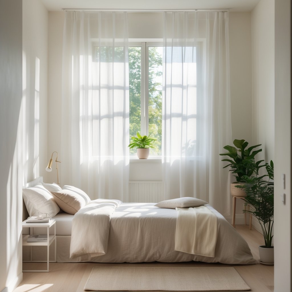 A small bedroom filled with natural light coming through sheer white curtains covering large windows, featuring a cozy bed, plants, and light-colored walls.