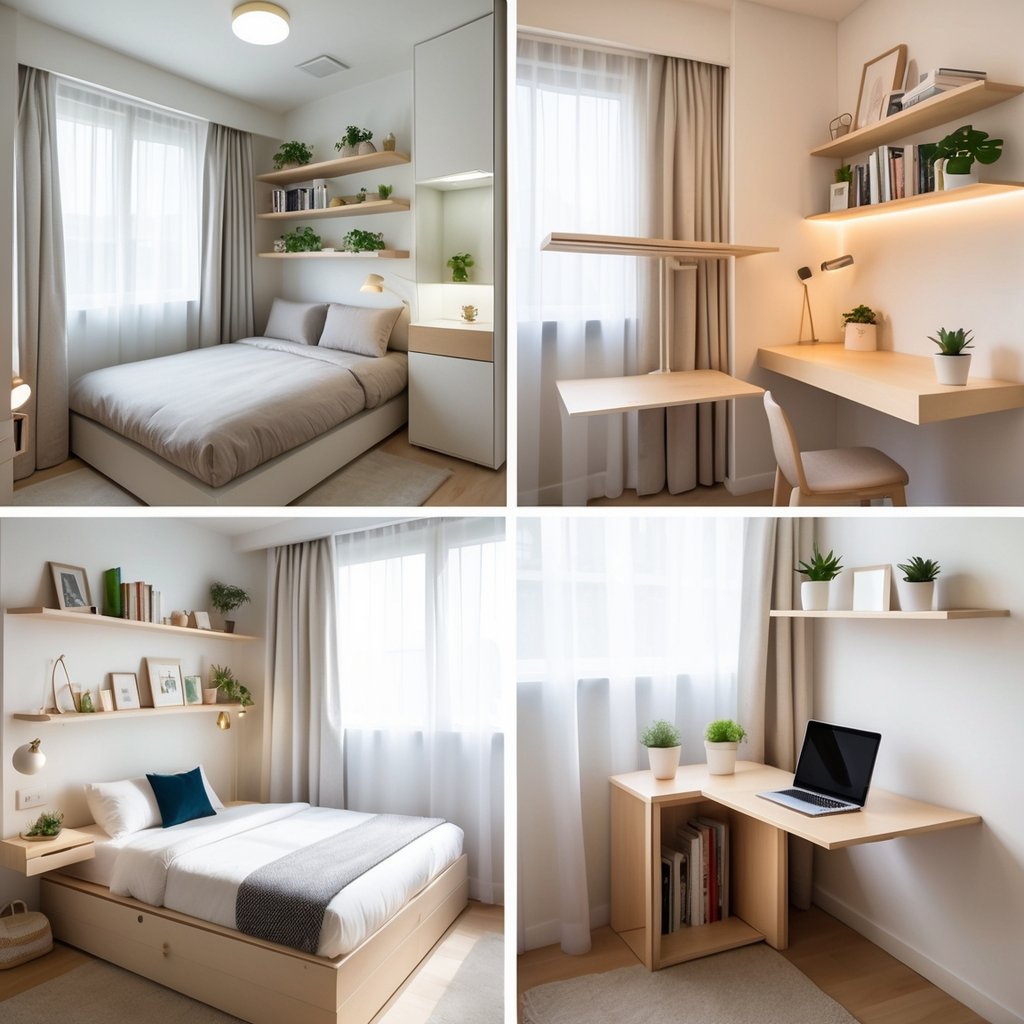 A small bedroom with fold-away desks and tables, a bed, shelves, and natural light coming through a window.