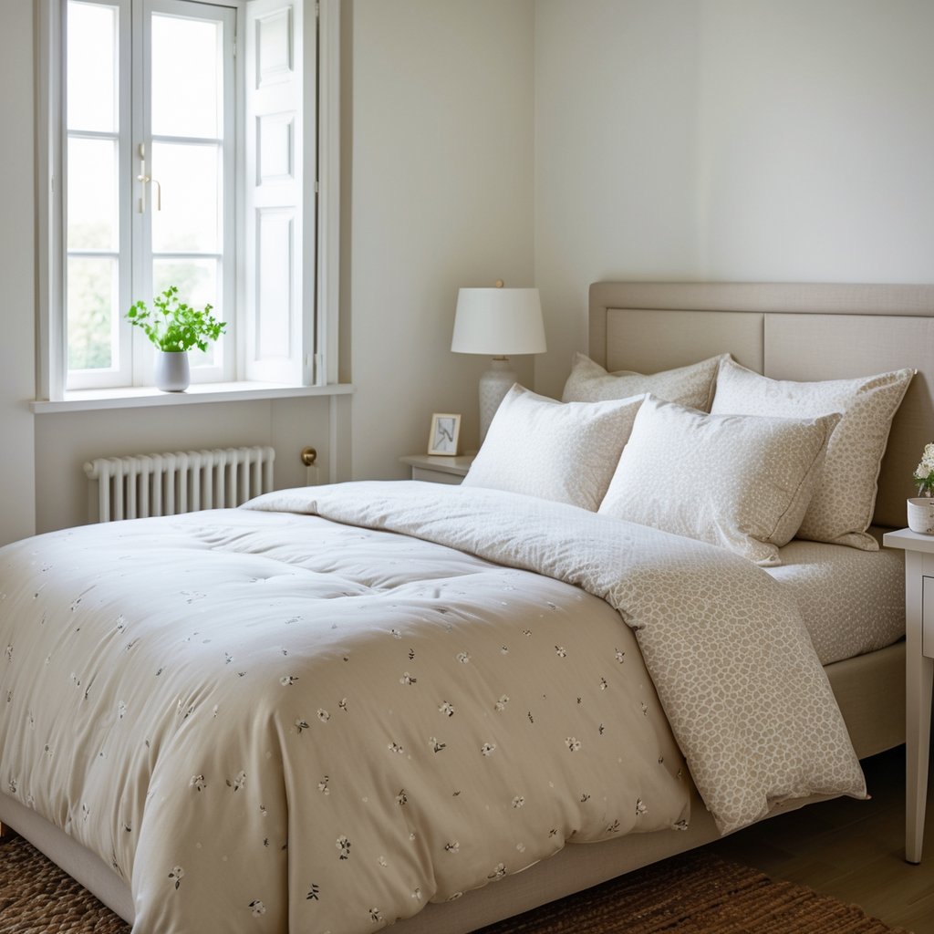 A small bedroom with a neatly made bed featuring bedding with small subtle patterns, a bedside table with a lamp, and natural light coming through a window.