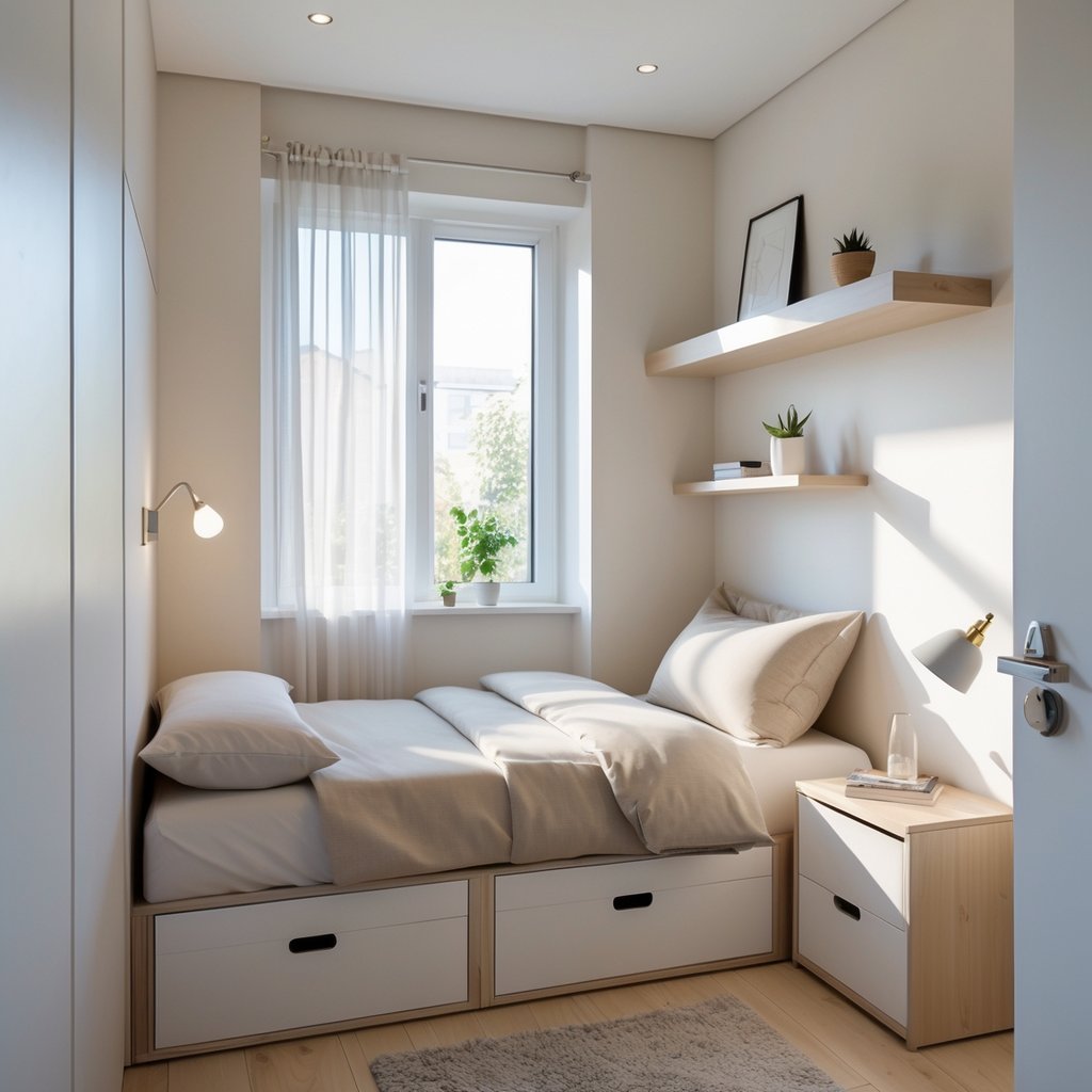 A small, tidy bedroom with a bed, bedside table, window with curtains, and storage solutions, illuminated by natural light.