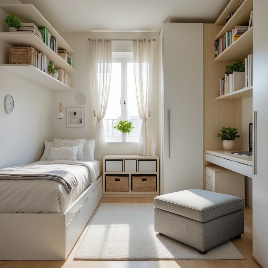 A small bedroom with a bed, wall shelves, a compact wardrobe, a desk, and storage furniture, organized and well-lit.