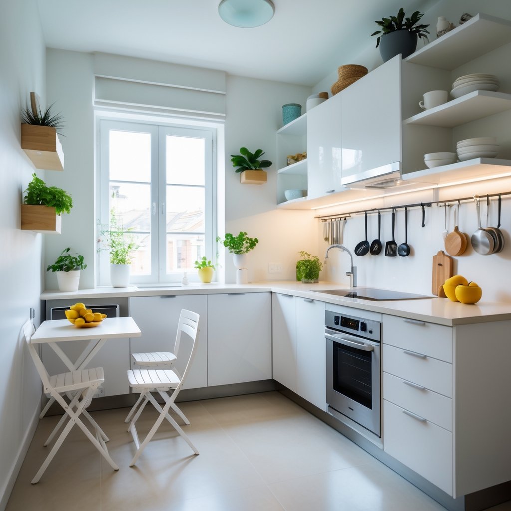 v2 11es3z ltaah A small kitchen with white cabinets, compact appliances, open shelves, and a small dining area, well-organized and filled with natural light.