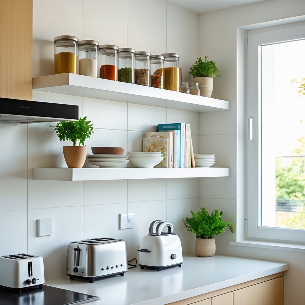 v2 11es48 d9d9a Small kitchen with floating shelves holding jars, plants, and dishes above a countertop with appliances.