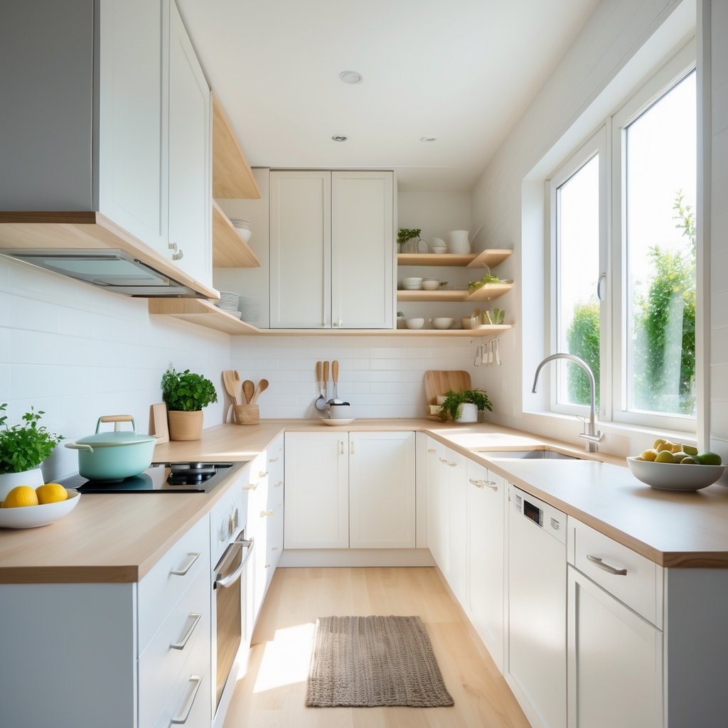 v2 11es4k ne86n A small kitchen with light-colored cabinets, countertops, and natural light creating a spacious and organized cooking area.