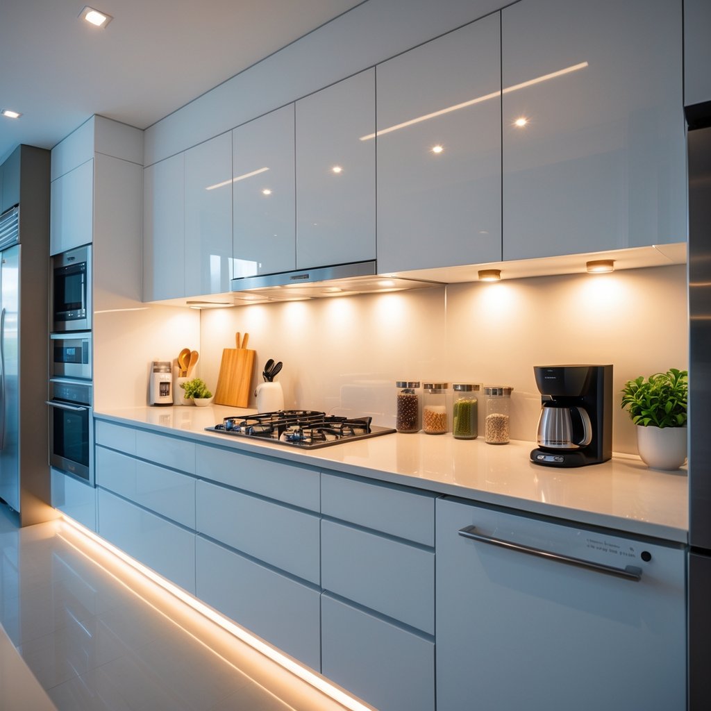 v2 11es4v n3lej A modern kitchen countertop illuminated by under-cabinet lighting with neatly arranged kitchen items.