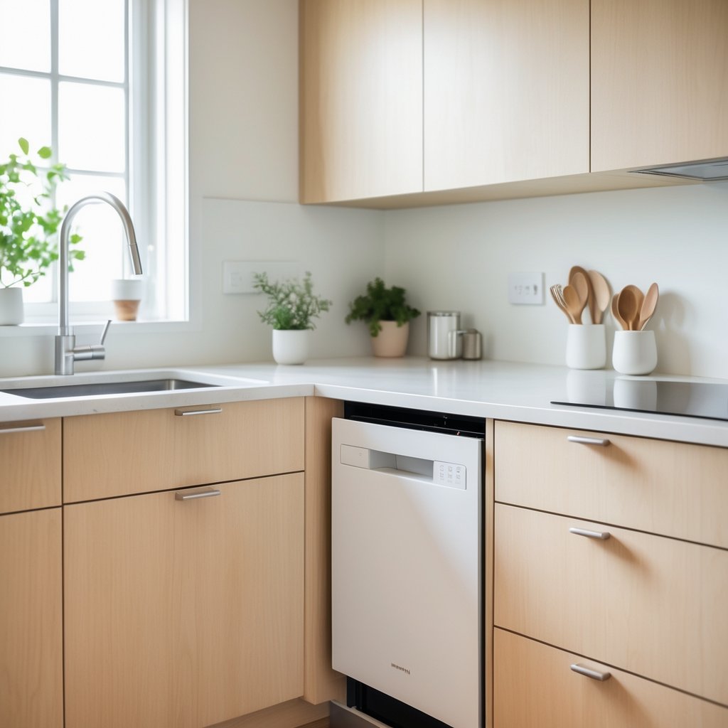 v2 11es53 8jzcm A small modern kitchen with a compact slide-in dishwasher integrated under the countertop.