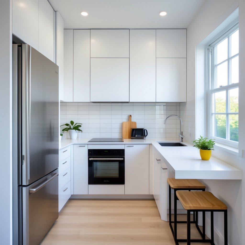 v2 11es5c fqmve A small kitchen with slim stainless steel appliances, white cabinets, a narrow refrigerator, and a compact oven, featuring a clean and organized layout with natural light.