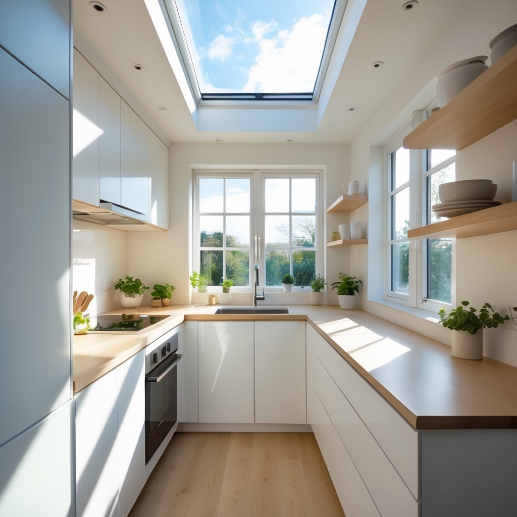 v2 11es5n ld2vf A small kitchen with a skylight and several windows letting in natural light, featuring clean white walls, light wood accents, and green plants.