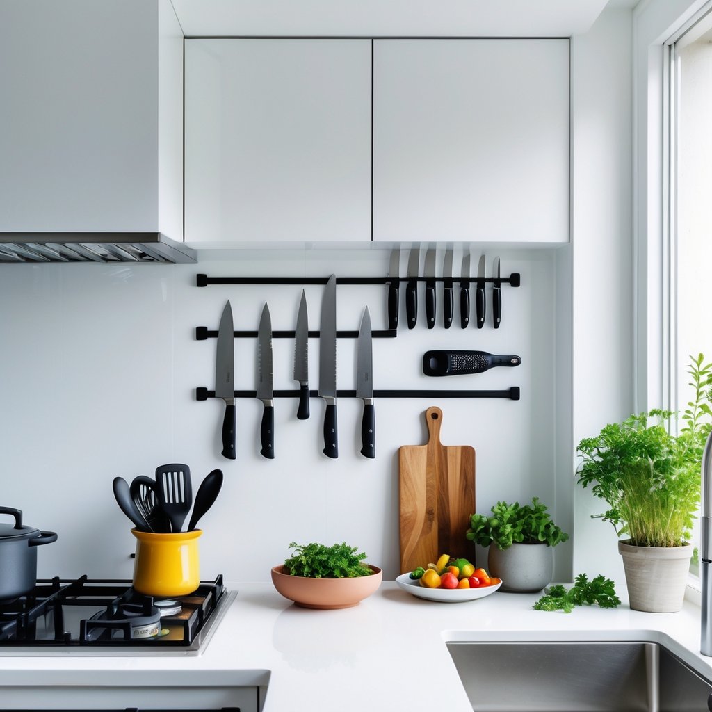 v2 11es5y udsjl A bright kitchen with magnetic knife strips holding knives on the wall above a clean countertop with fresh herbs and vegetables.