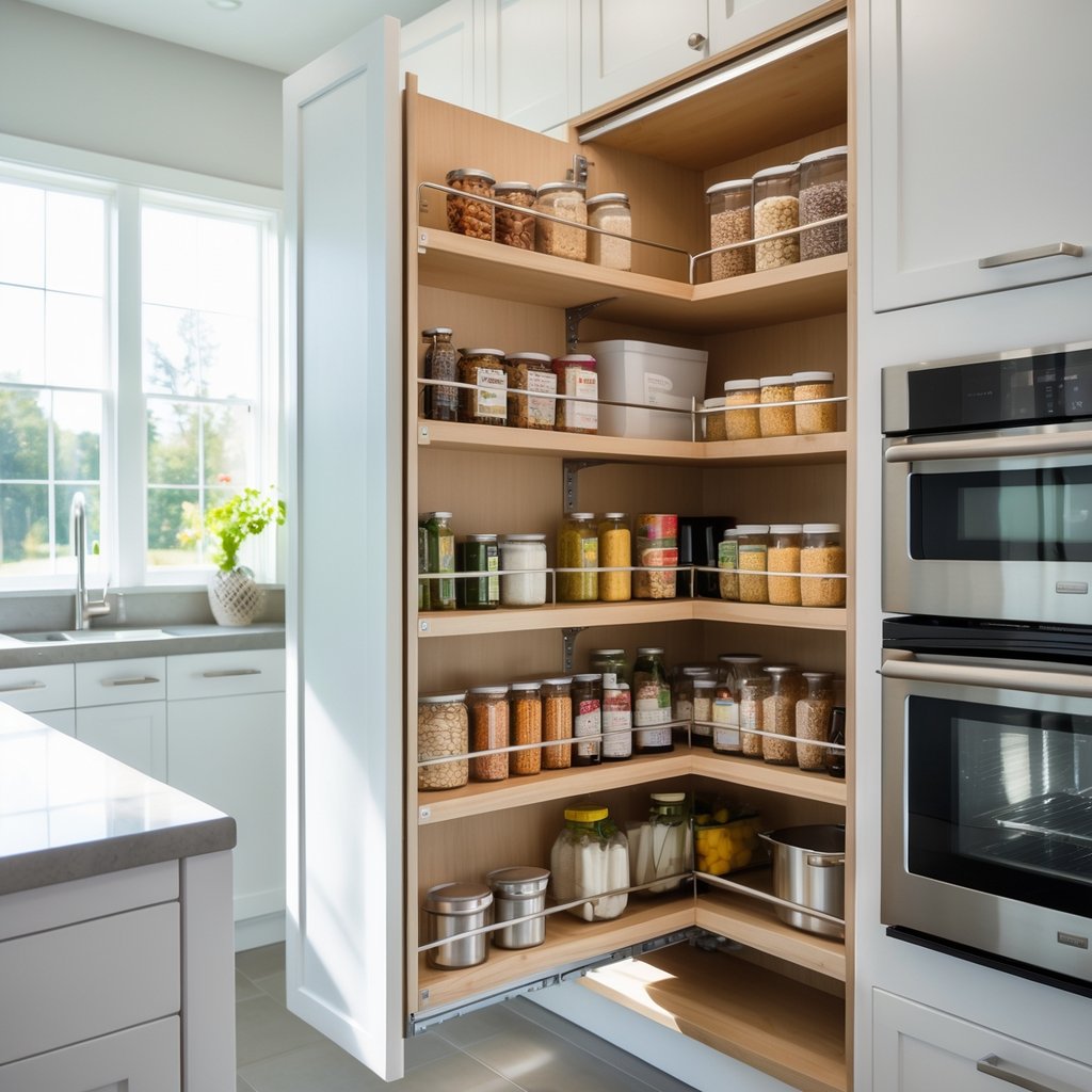 v2 11es69 rqvi8 A modern kitchen with a pull-out pantry shelf extended, showing organized jars and containers inside a tall cabinet.