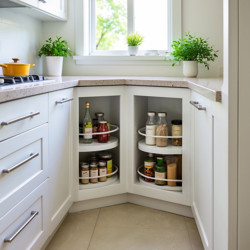 v2 11es6k A small kitchen with open corner cabinets showing rotating lazy Susan shelves filled with kitchen items.