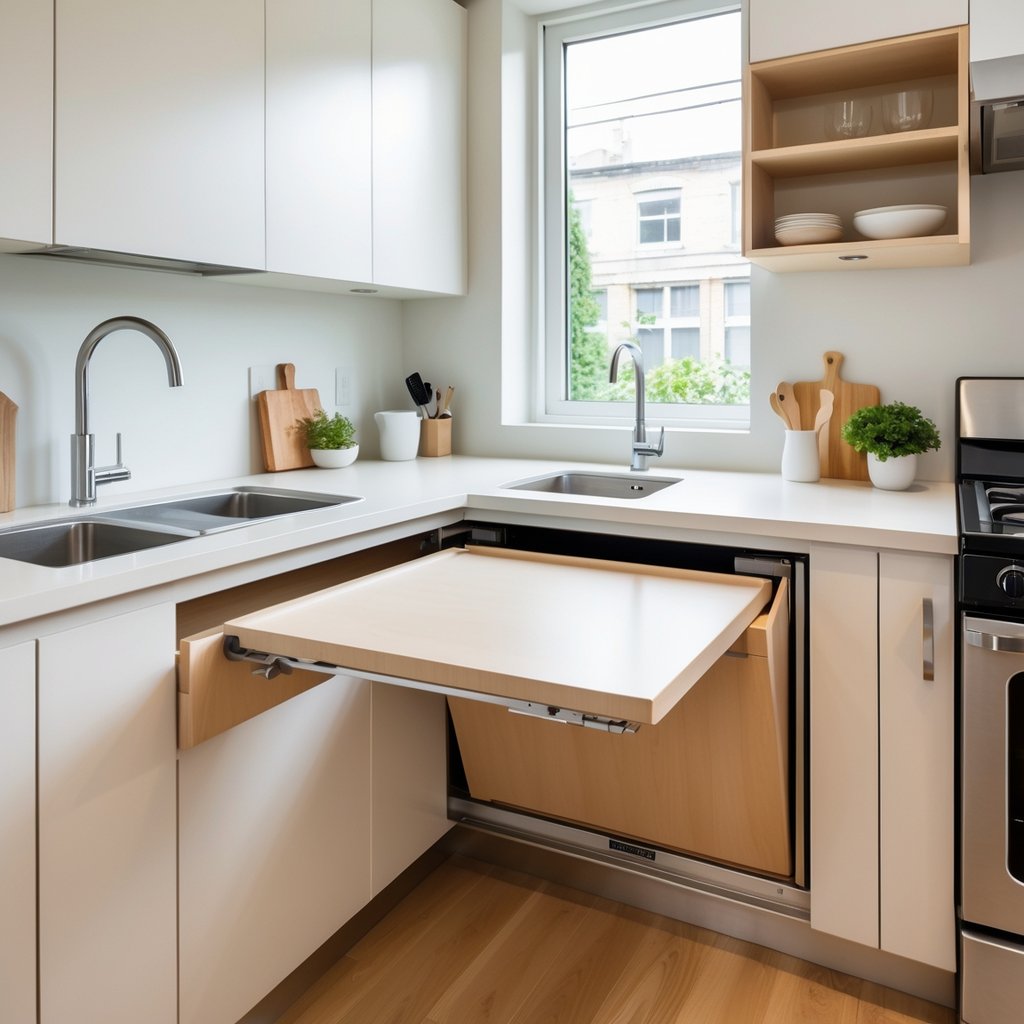 v2 11es6t j6u6u Small modern kitchen with a fold-down or pull-out countertop extension providing extra workspace.