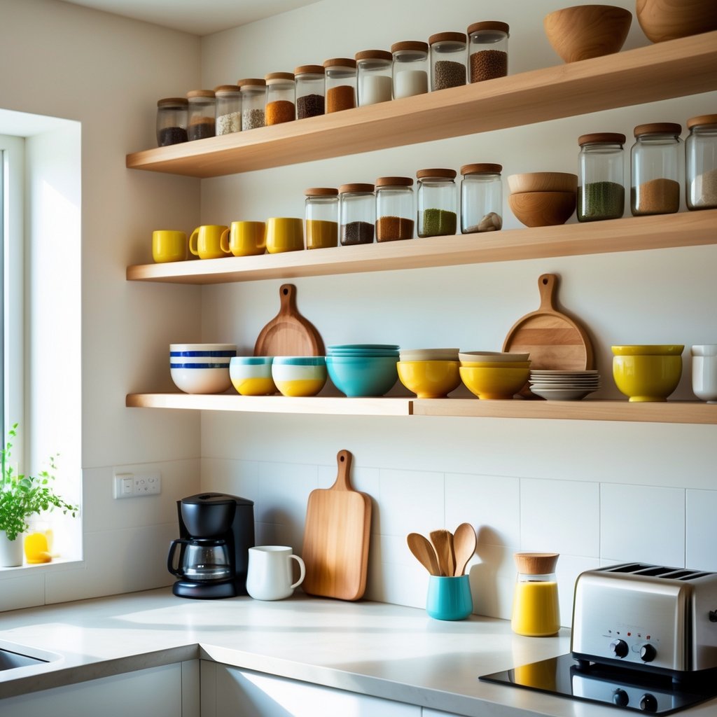v2 11es72 gllto A kitchen with open shelves holding jars, bowls, mugs, and utensils above a clean countertop with small appliances.