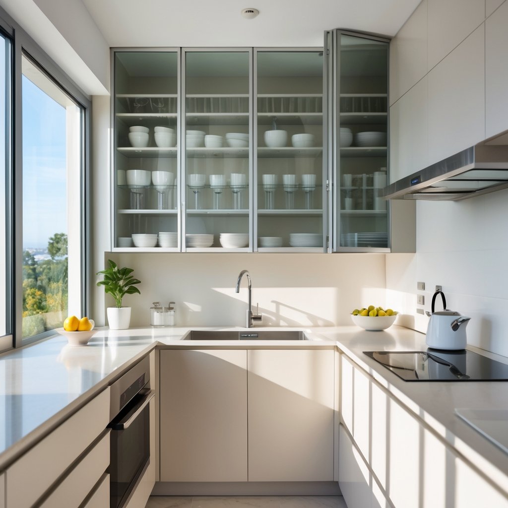 v2 11es7c 7uoml A small kitchen with clear glass cabinet doors showing organized dishes inside, featuring space-saving storage solutions and bright natural lighting.