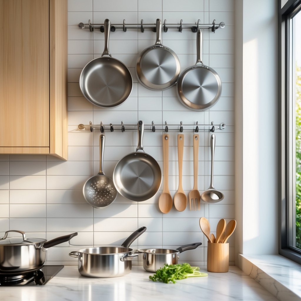 v2 11es7m 9zwjv A kitchen wall with metal hooks holding pots, pans, and cooking utensils above a countertop.