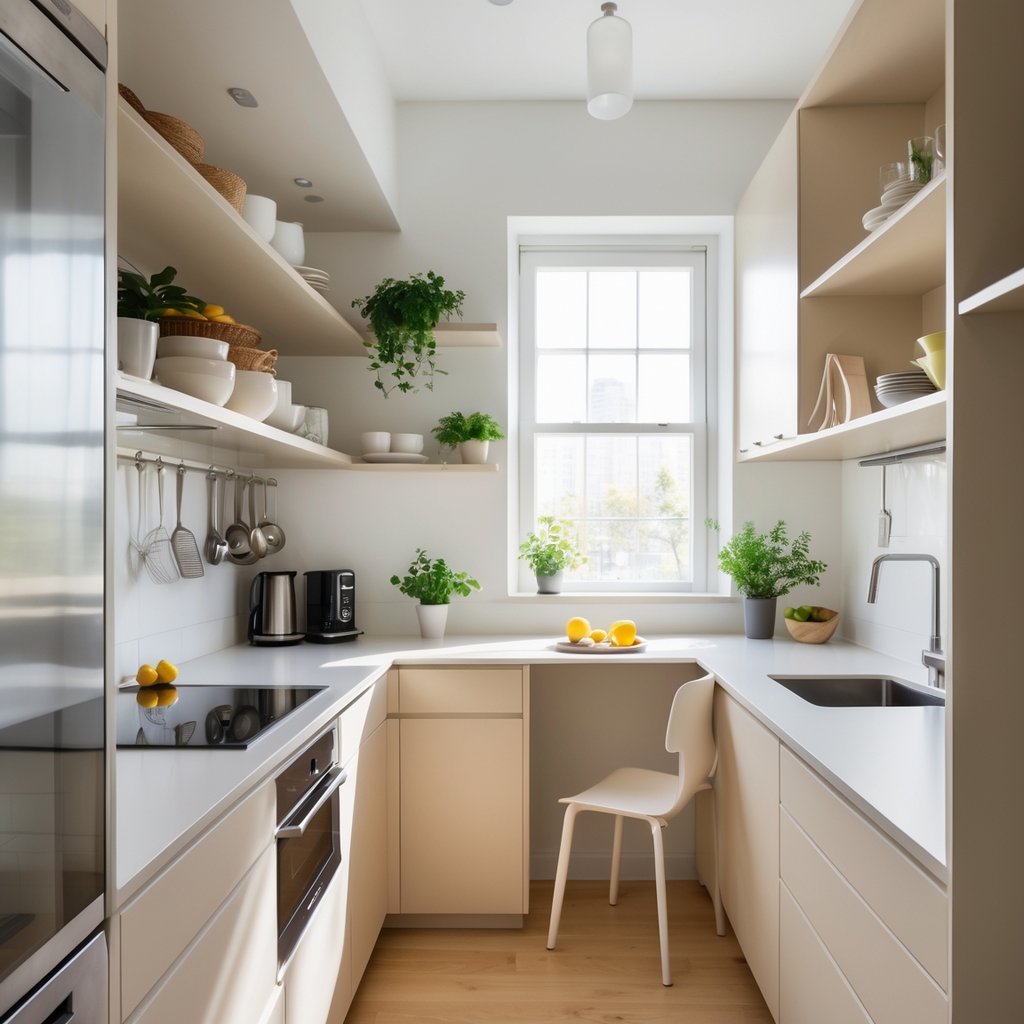 v2 11es7v 8bfan A small modern kitchen with smart storage solutions, a compact countertop, and a small dining area illuminated by natural light.