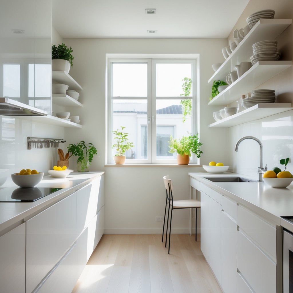 v2 11es86 hkw4e A small, bright kitchen with white cabinets, open shelves, natural light from a large window, and a compact dining area.