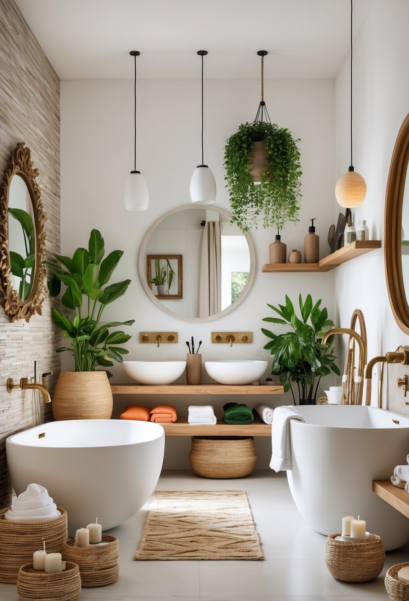 A bright bathroom featuring multiple decor ideas including plants, towels, mirrors, lighting, and storage elements arranged throughout the space.