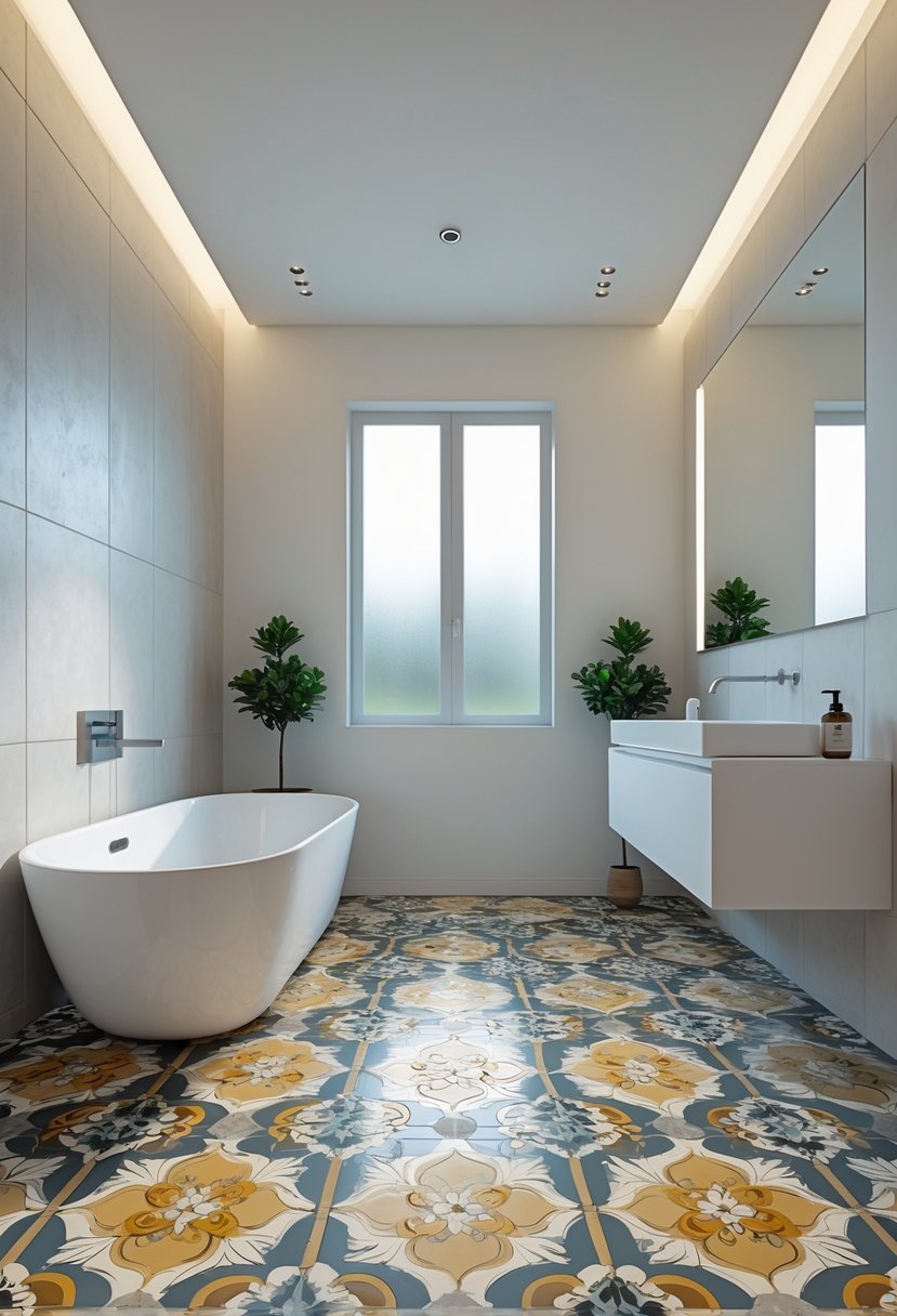 A modern bathroom with a freestanding bathtub and patterned ceramic tile floor featuring geometric and floral designs.