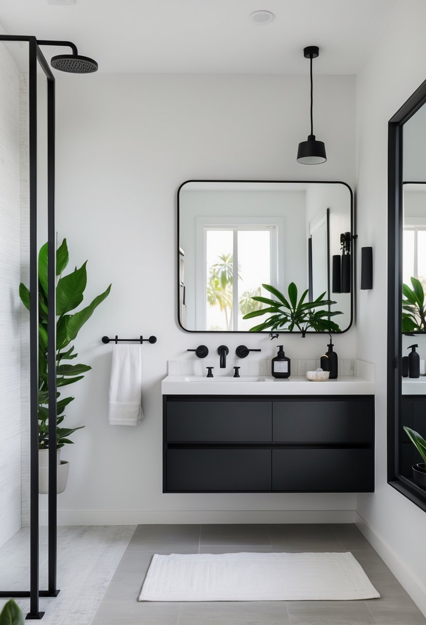A modern bathroom interior with matte black faucets, showerhead, and hardware, featuring a vanity, mirror, and towel racks.